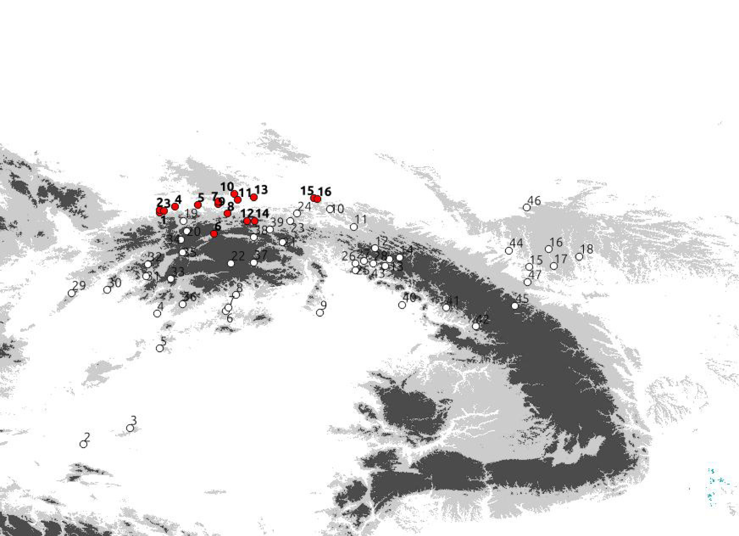 Fig. 1. Localities of the Plenivistulian pollen, micro- and macrofossil deposits in the Polish Western Carpathians and foreland (dark dots) and distribution of the putative refugia of the forest species: Aconitum moldavicum, A. variegatum, Bromus benekenii, Carpinus betulus, Lathyrus vernus, Lonicera nigra and moderately thermophilous Rosa pendulina in the Western Carpathians, Eastern Carpathians, Transcarpathia and Podolia, based mostly on the phylogeographis studies (light dots). The numbers of localities according to those in Tabs. 1 and 2. Two altitudinal belts are marked: in the mountains above 650 m a.s.l., and in the lowlands above 300 m a.s.l.