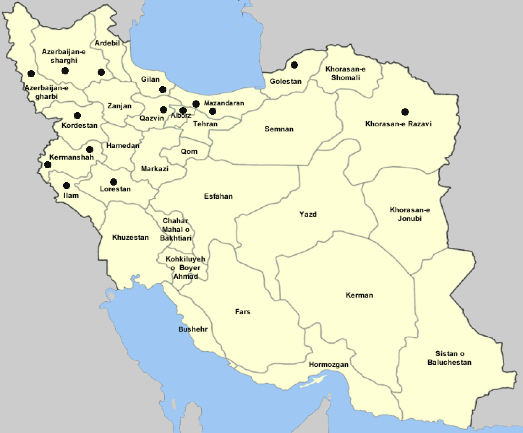 Fig. 1. Map showing the studied populations in Iran as black dots.